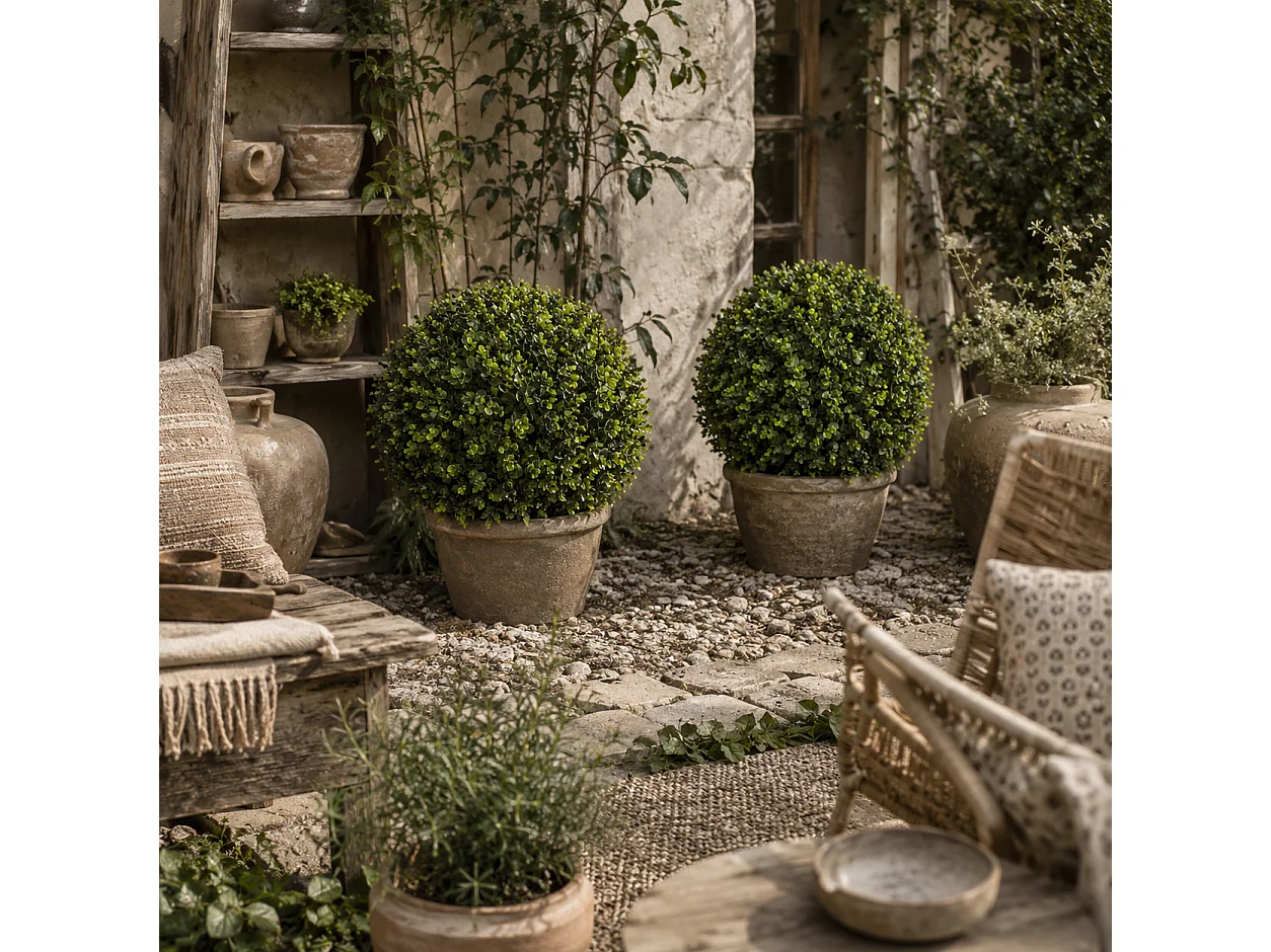 Set of 2 Artificial Boxwood Topiary Balls with Ground Stakes 40cm
