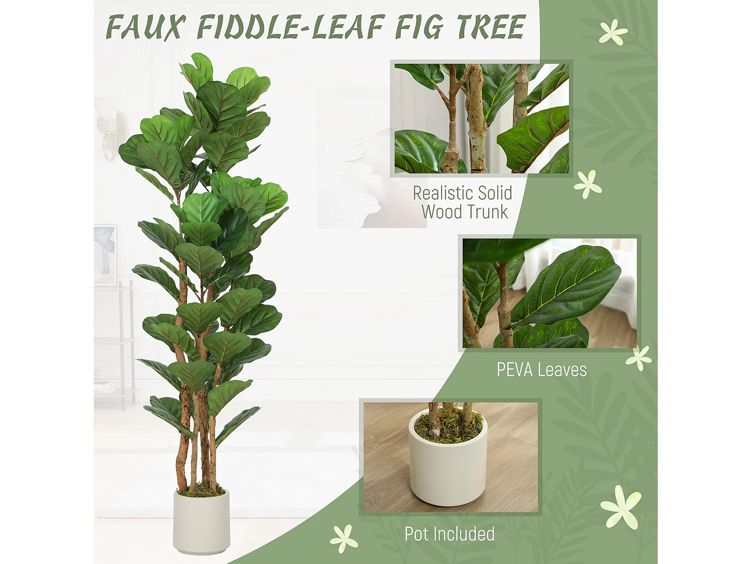 Toelna Artificial Fiddle Leaf Fig Tree 150cm Broad Green Leaves