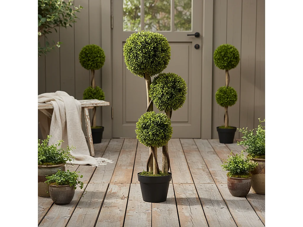 Sassafa Set of 2 Light Green Artificial Boxwood Ball Topiary Trees in Weighted Pots 90cm