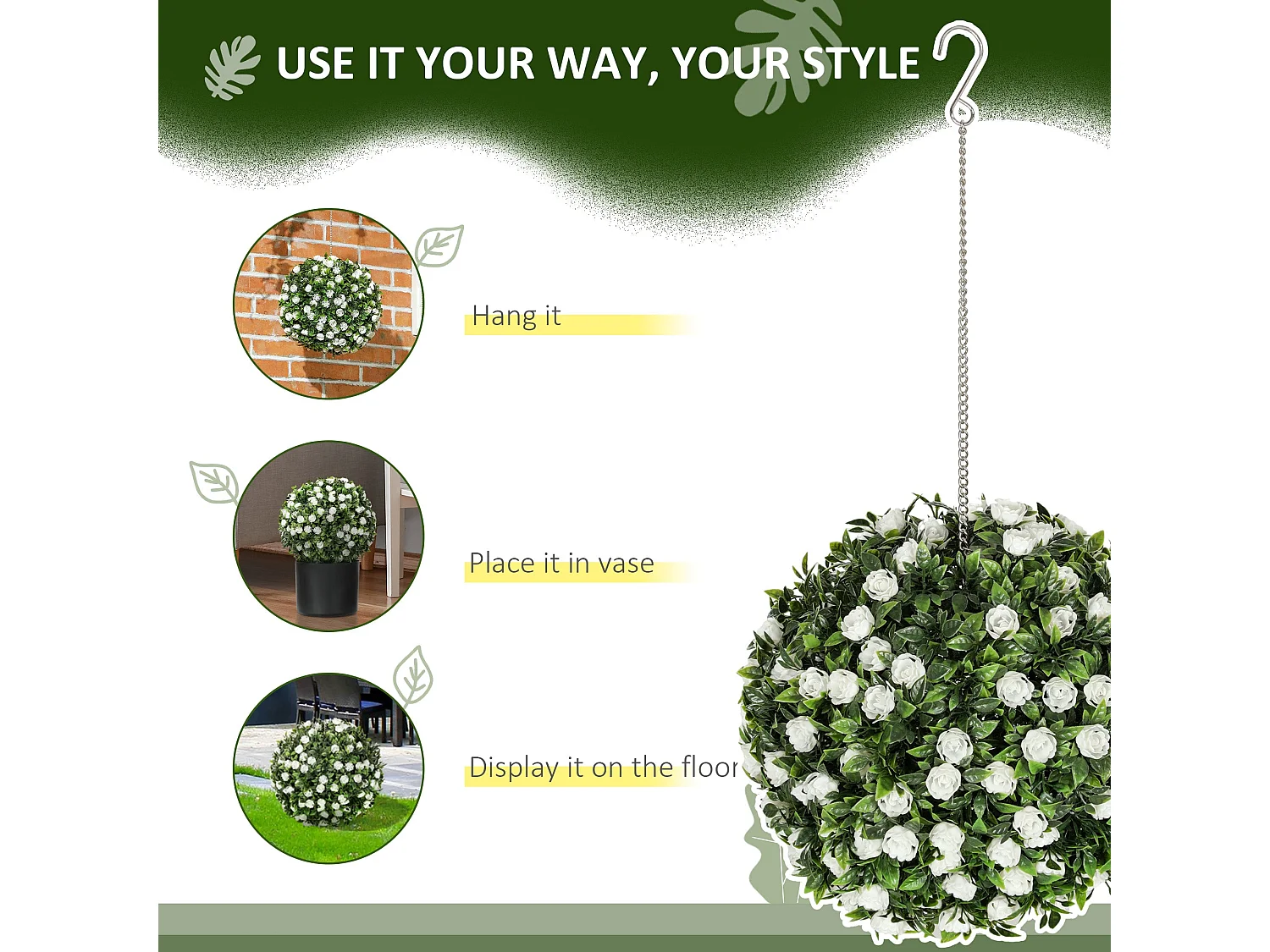 Lukaka Dino Set of 2 UV Resistant Artificial Rose Topiary Balls H8 28cm White