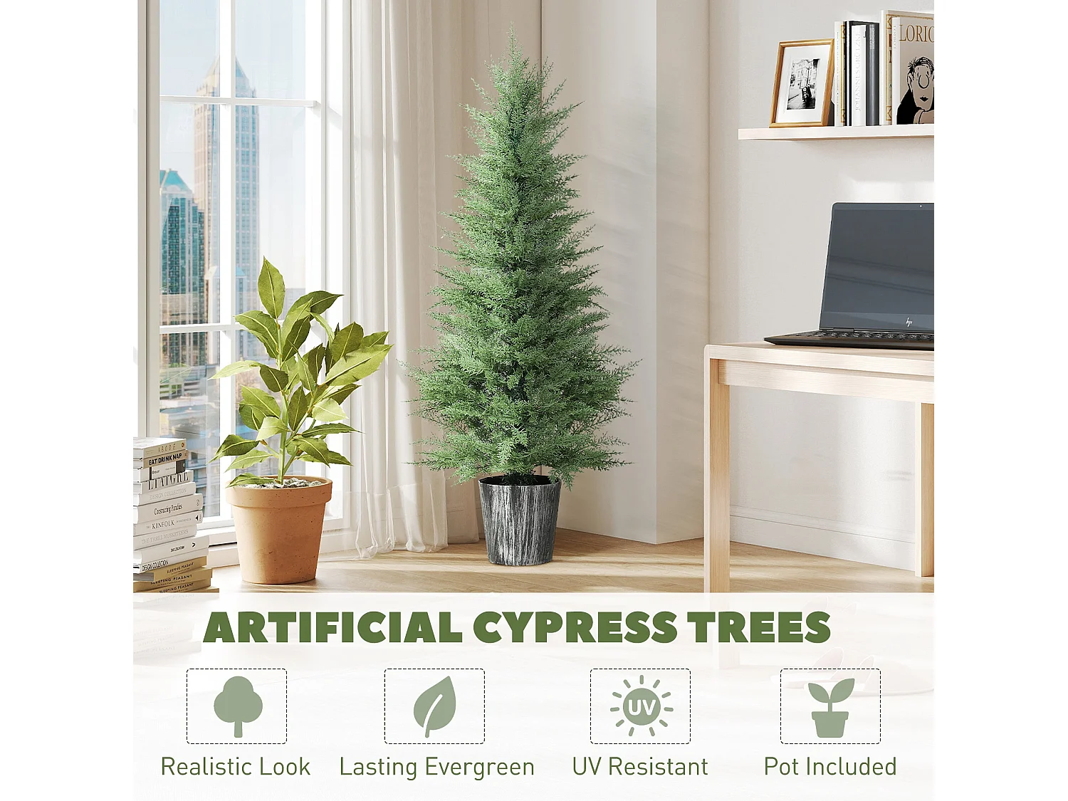 Reno Set of 2 Artificial Cypress Trees 135cm with Decorative Pots for Indoor and Outdoor Use