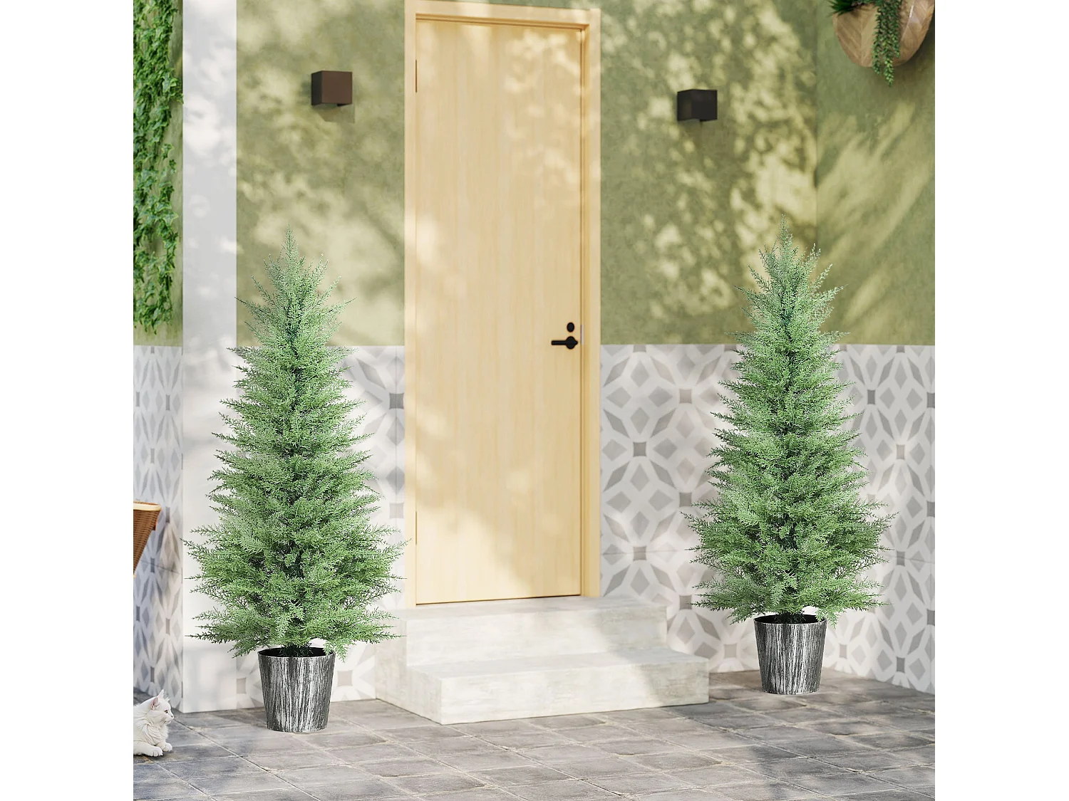 Reno Set of 2 Artificial Cypress Trees 135cm with Decorative Pots for Indoor and Outdoor Use