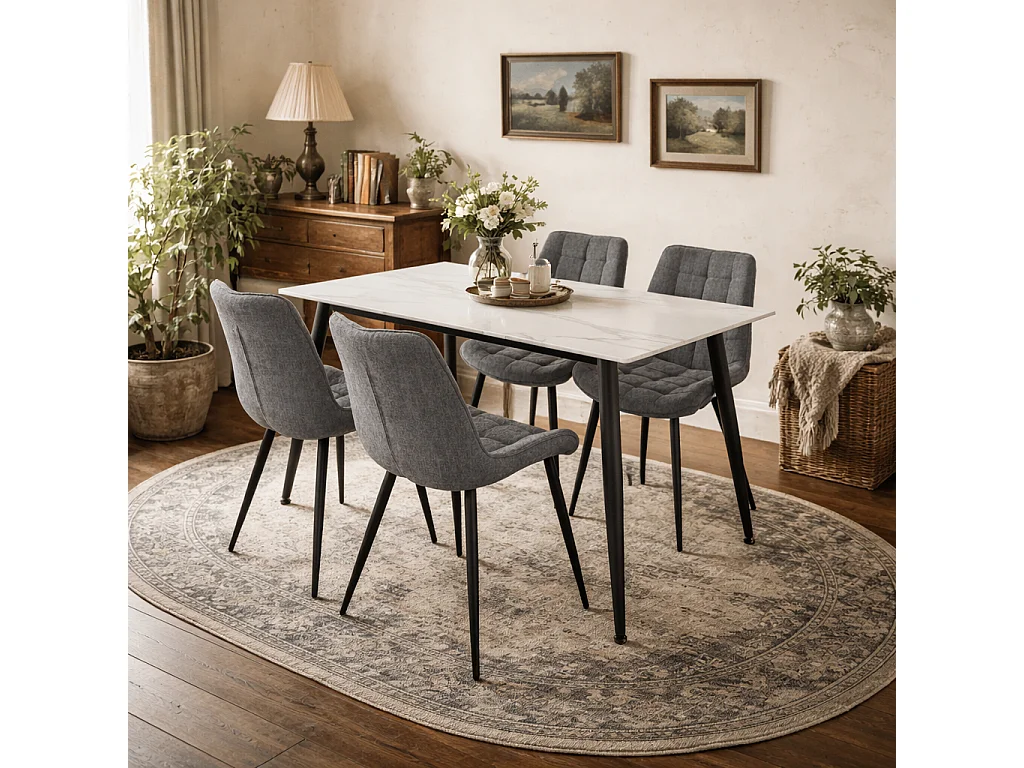 Bramblewood 4 Seater Marble Effect Dining Set Rectangular Table with 4 Grey Chenille Chairs