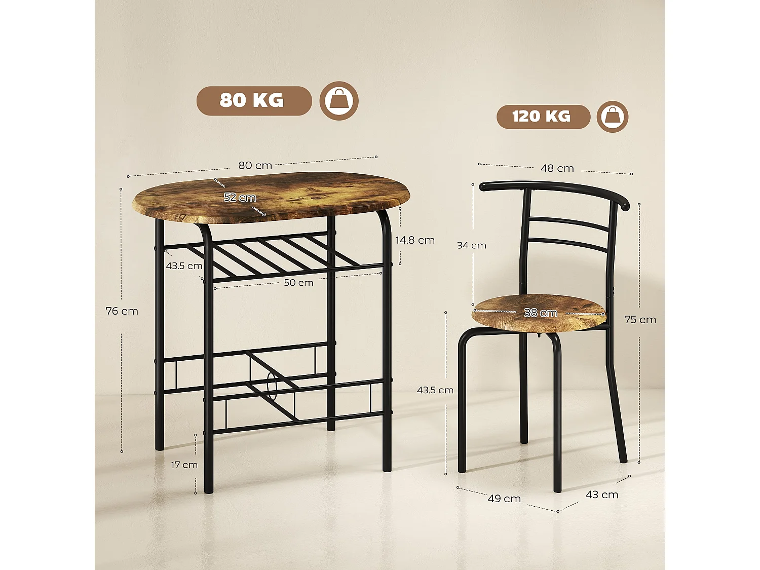 Vespa Rustic Brown 3 Piece Compact Dining Set Table and 2 Chairs