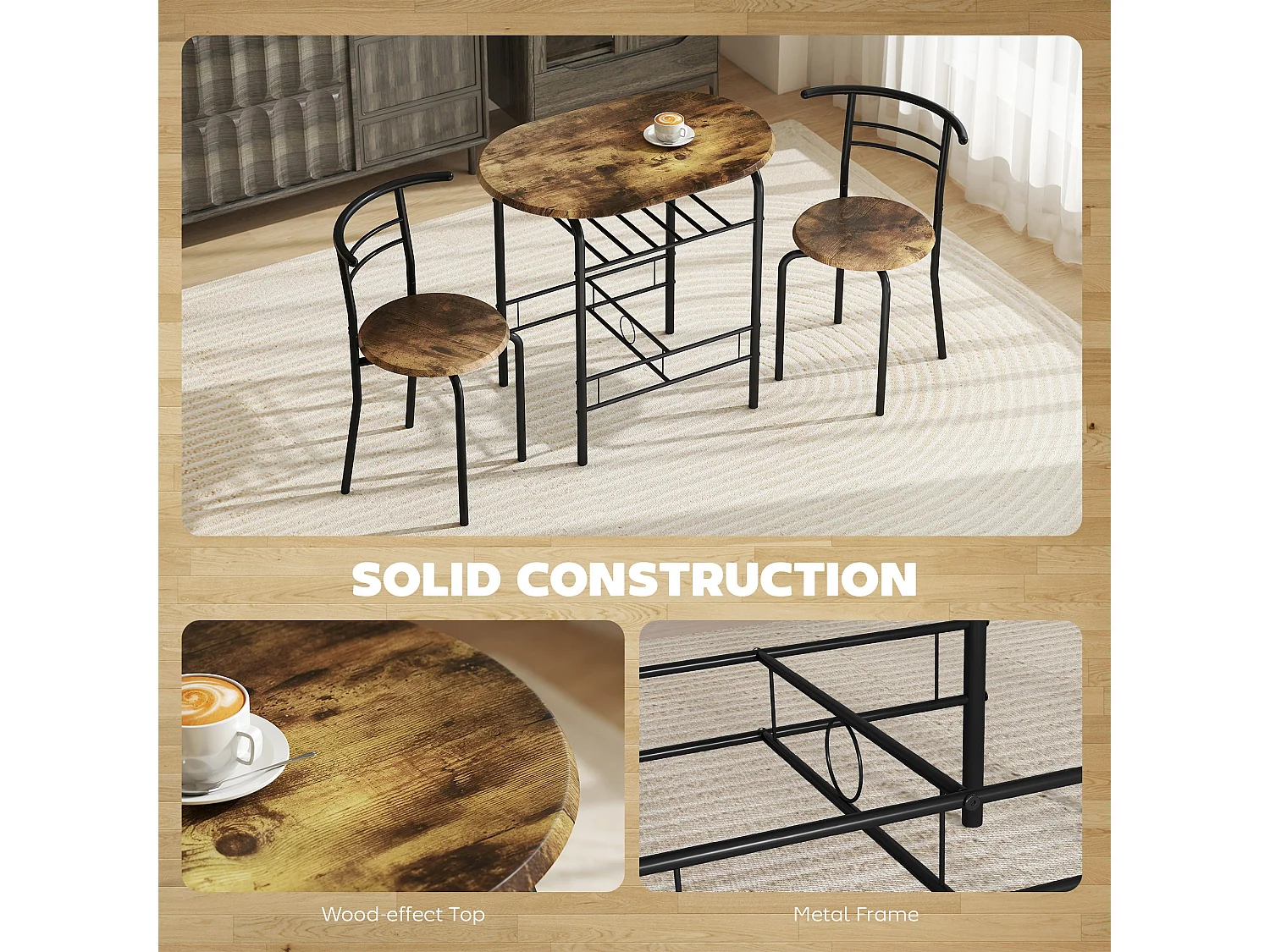 Vespa Rustic Brown 3 Piece Compact Dining Set Table and 2 Chairs
