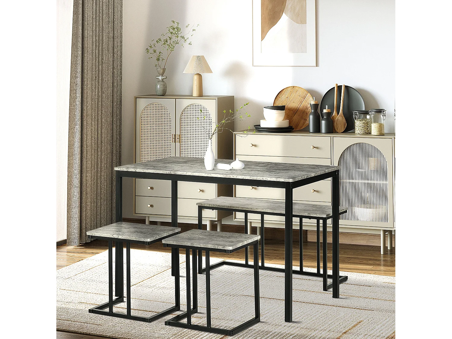 Suroso 4 Piece Concrete Effect Grey Dining Table and Bench Set