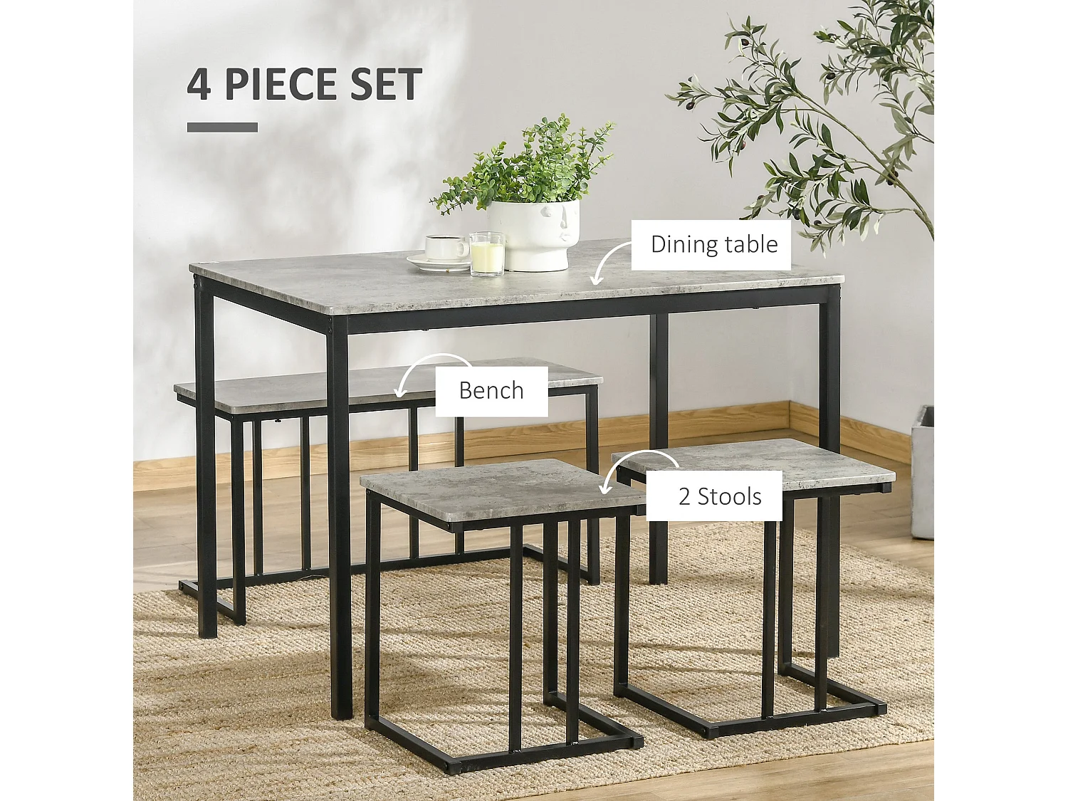 Suroso 4 Piece Concrete Effect Grey Dining Table and Bench Set