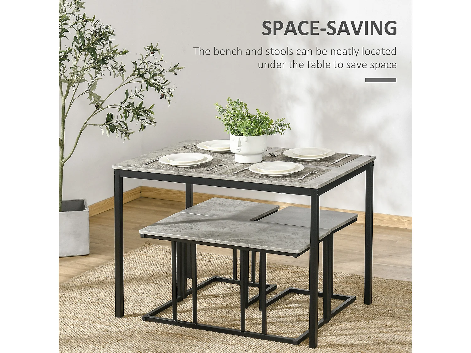 Suroso 4 Piece Concrete Effect Grey Dining Table and Bench Set