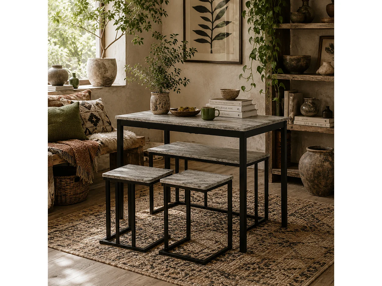 Suroso 4 Piece Concrete Effect Grey Dining Table and Bench Set