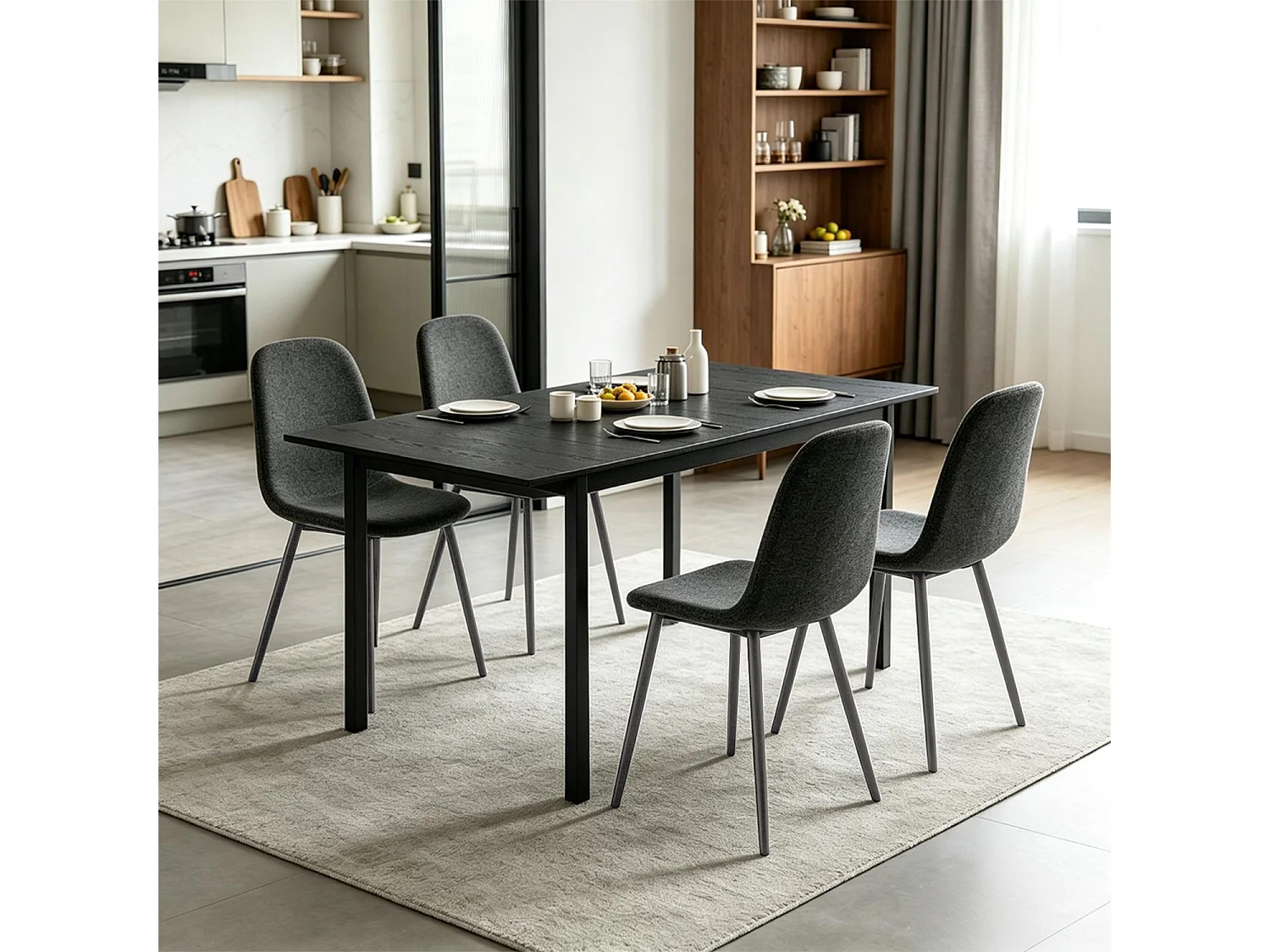 BARICHARLTON - Table à manger extensible 120-160 cm à rallonge papillon avec plateau noir et 4 chaises en tissu gris foncé