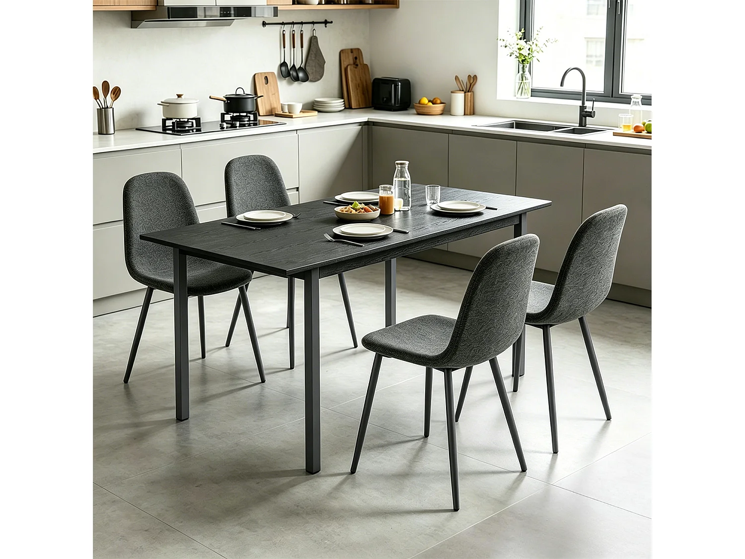 BARICHARLTON - Table à manger extensible 120-160 cm à rallonge papillon avec plateau noir et 4 chaises en tissu gris foncé