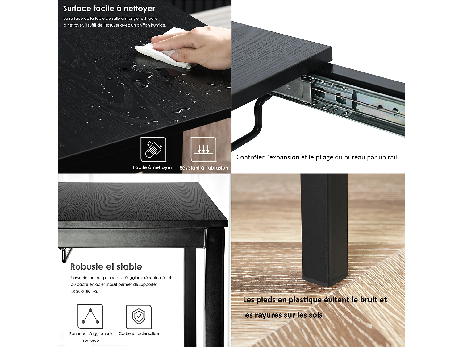 BARICHARLTON - Table à manger extensible 120-160 cm à rallonge papillon avec plateau noir et 4 chaises en tissu gris foncé