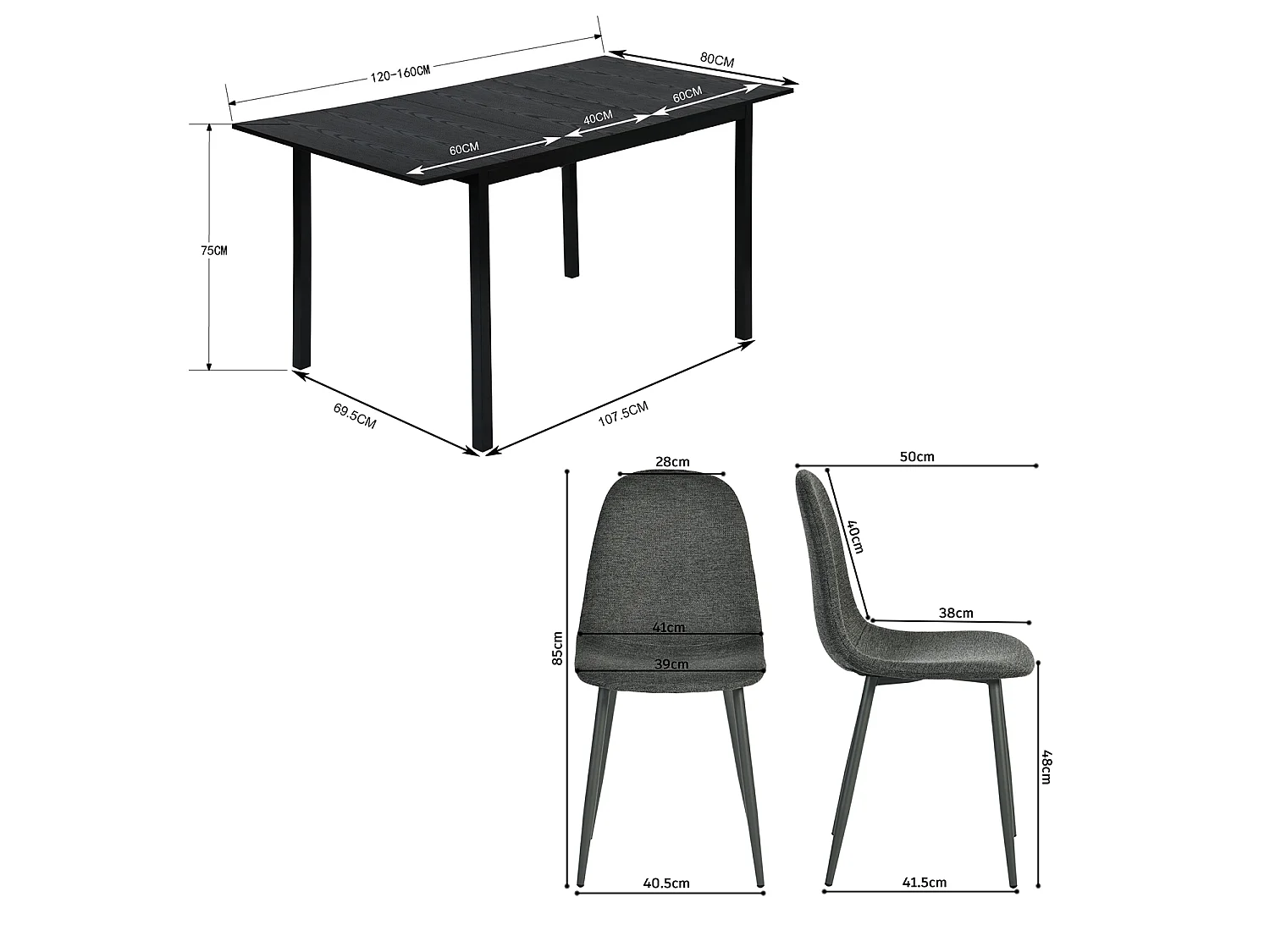 BARICHARLTON - Table à manger extensible 120-160 cm à rallonge papillon avec plateau noir et 4 chaises en tissu gris foncé