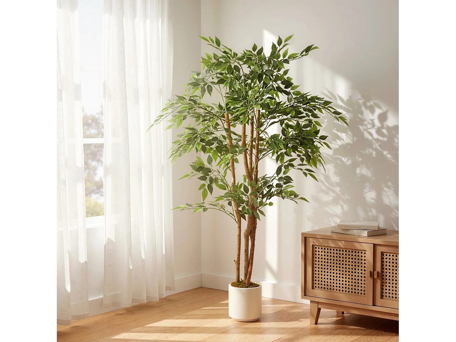 Faluta Artificial Ficus Tree 150cm Real Touch Leaves Solid Wood Trunk in White Pot