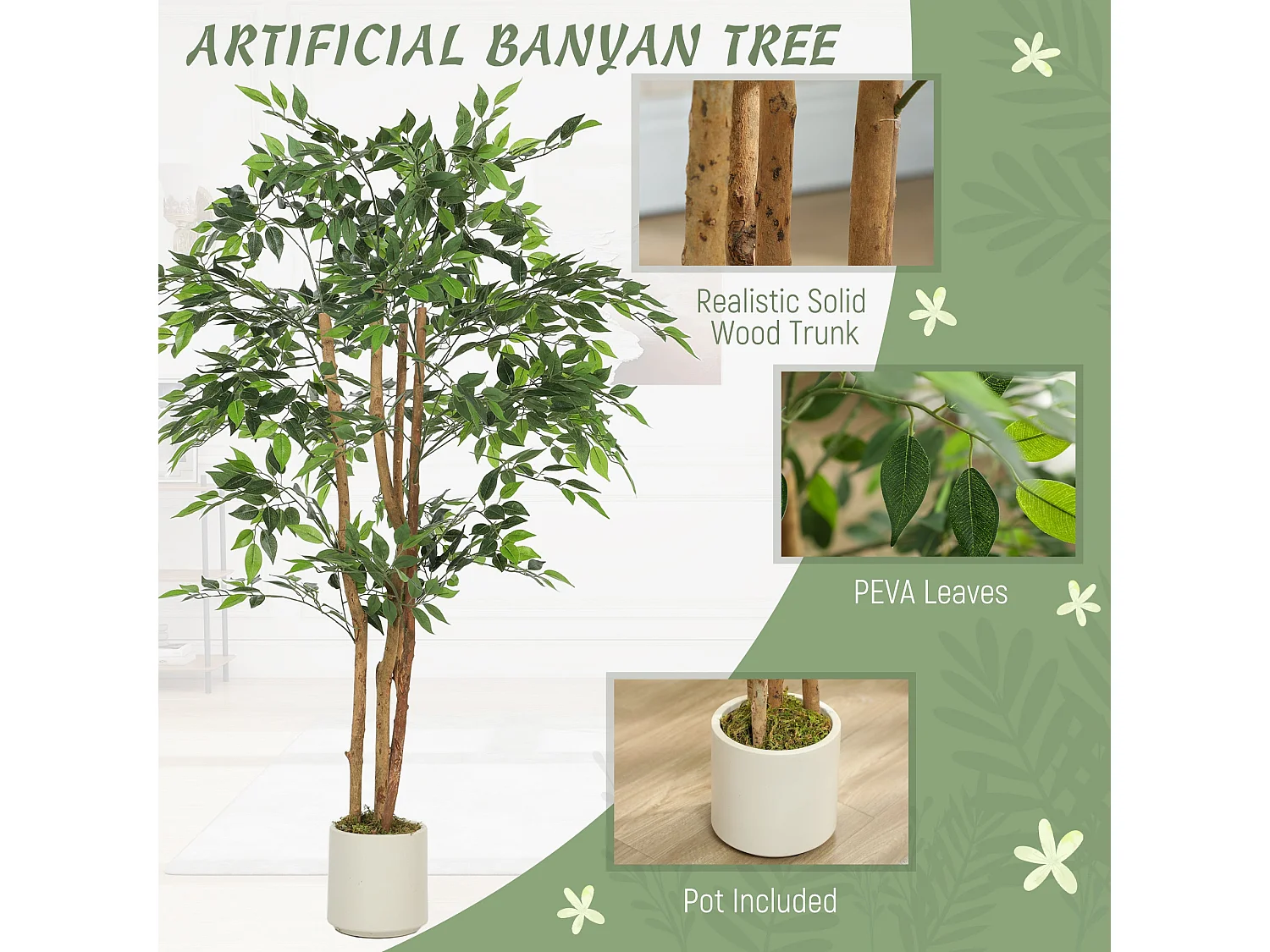 Faluta Artificial Ficus Tree 150cm Real Touch Leaves Solid Wood Trunk in White Pot