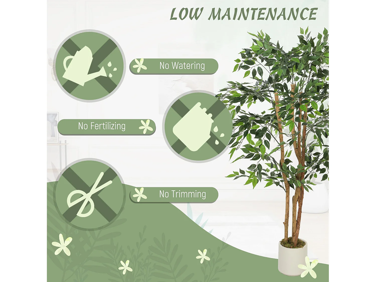 Faluta Artificial Ficus Tree 150cm Real Touch Leaves Solid Wood Trunk in White Pot