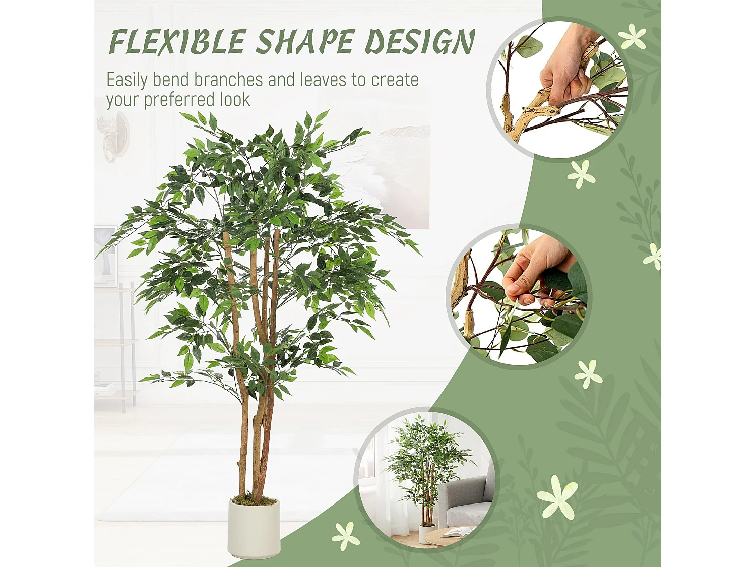 Faluta Artificial Ficus Tree 150cm Real Touch Leaves Solid Wood Trunk in White Pot