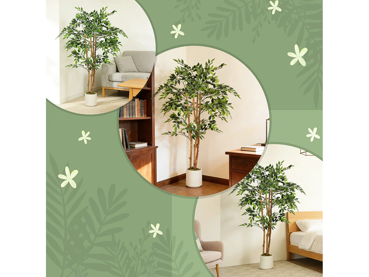 Faluta Artificial Ficus Tree 150cm Real Touch Leaves Solid Wood Trunk in White Pot