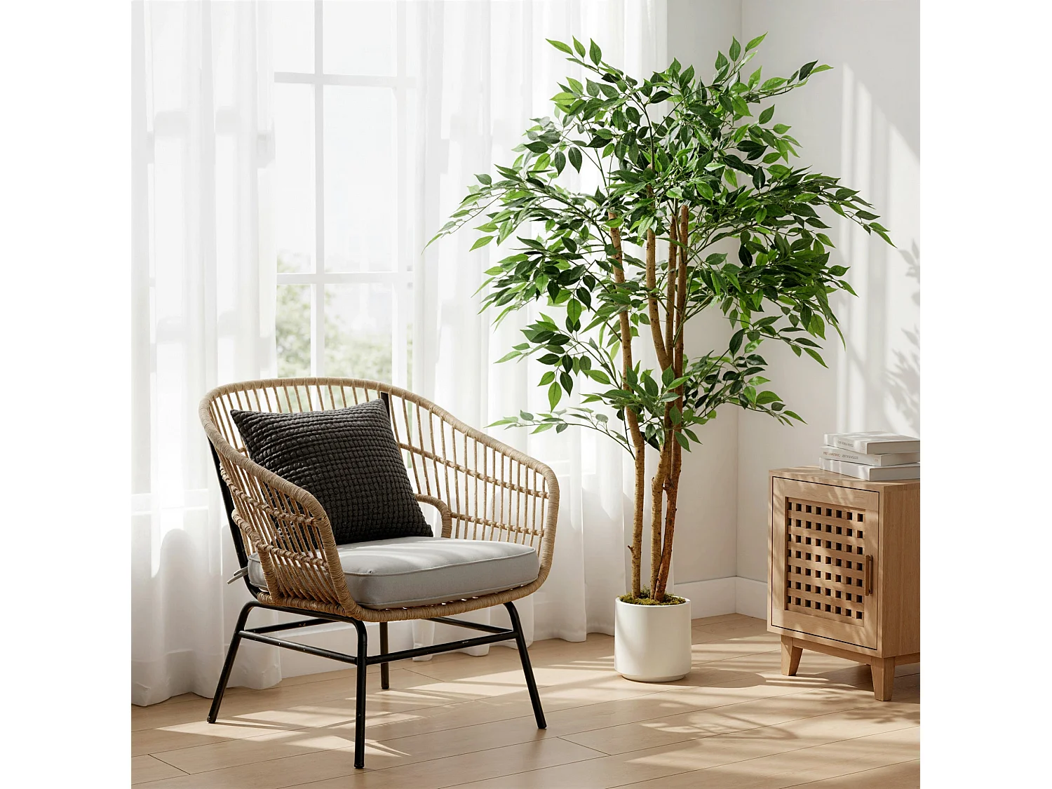 Faluta Artificial Ficus Tree 150cm Real Touch Leaves Solid Wood Trunk in White Pot