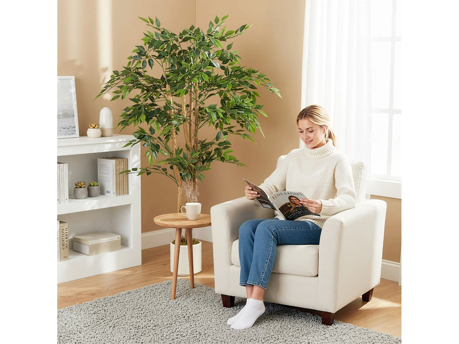 Faluta Artificial Ficus Tree 150cm Real Touch Leaves Solid Wood Trunk in White Pot