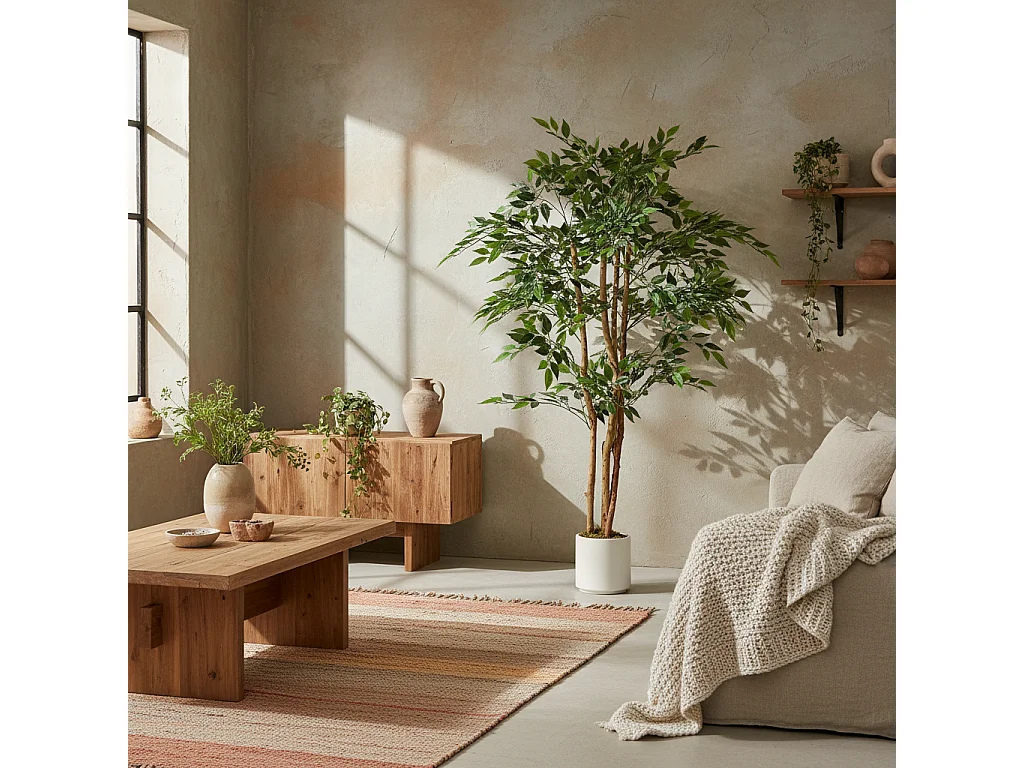Faluta Artificial Ficus Tree 150cm Real Touch Leaves Solid Wood Trunk in White Pot