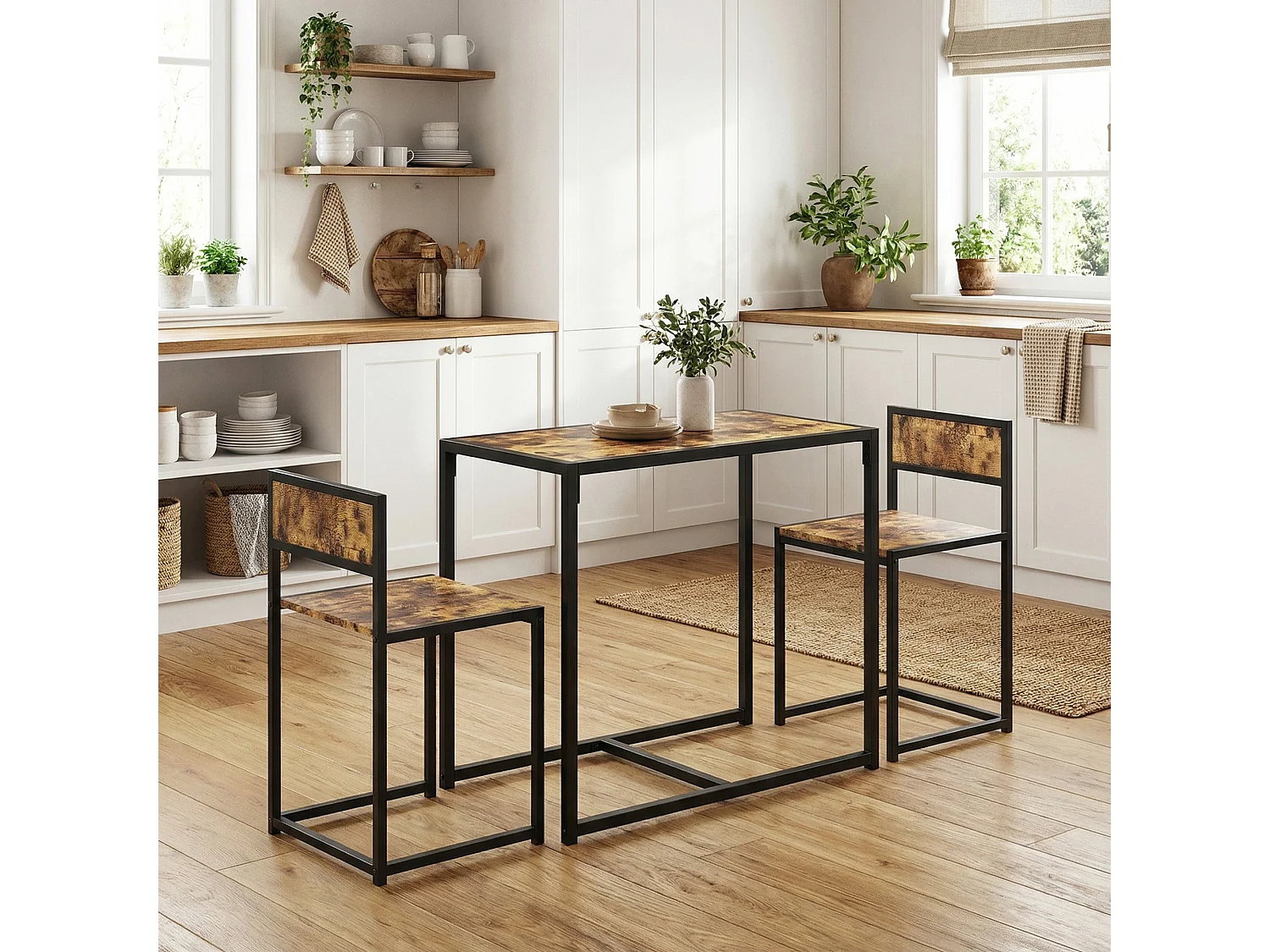 Doel 3 Piece Rustic Brown Wood Effect Table and Stool Set