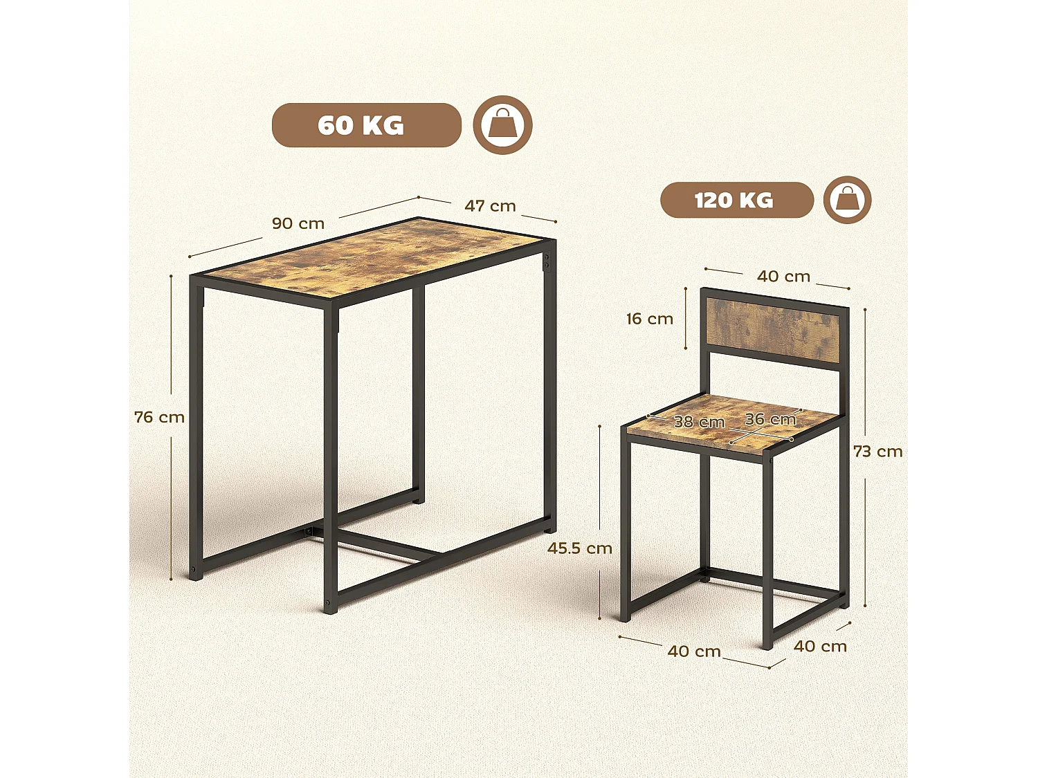 Doel 3 Piece Rustic Brown Wood Effect Table and Stool Set