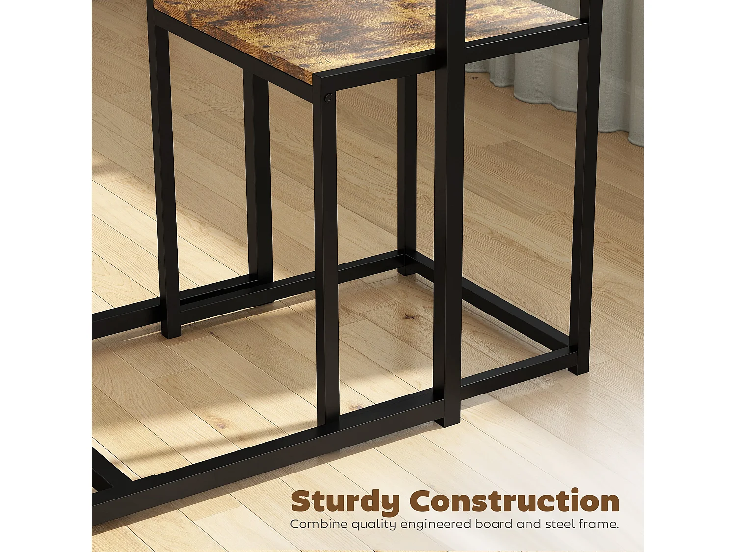 Doel 3 Piece Rustic Brown Wood Effect Table and Stool Set