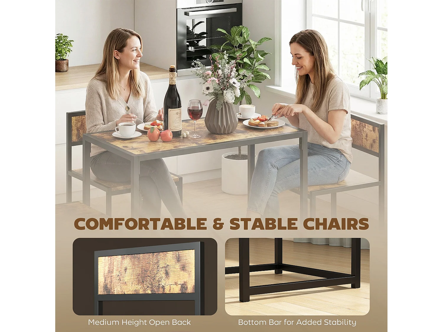 Doel 3 Piece Rustic Brown Wood Effect Table and Stool Set