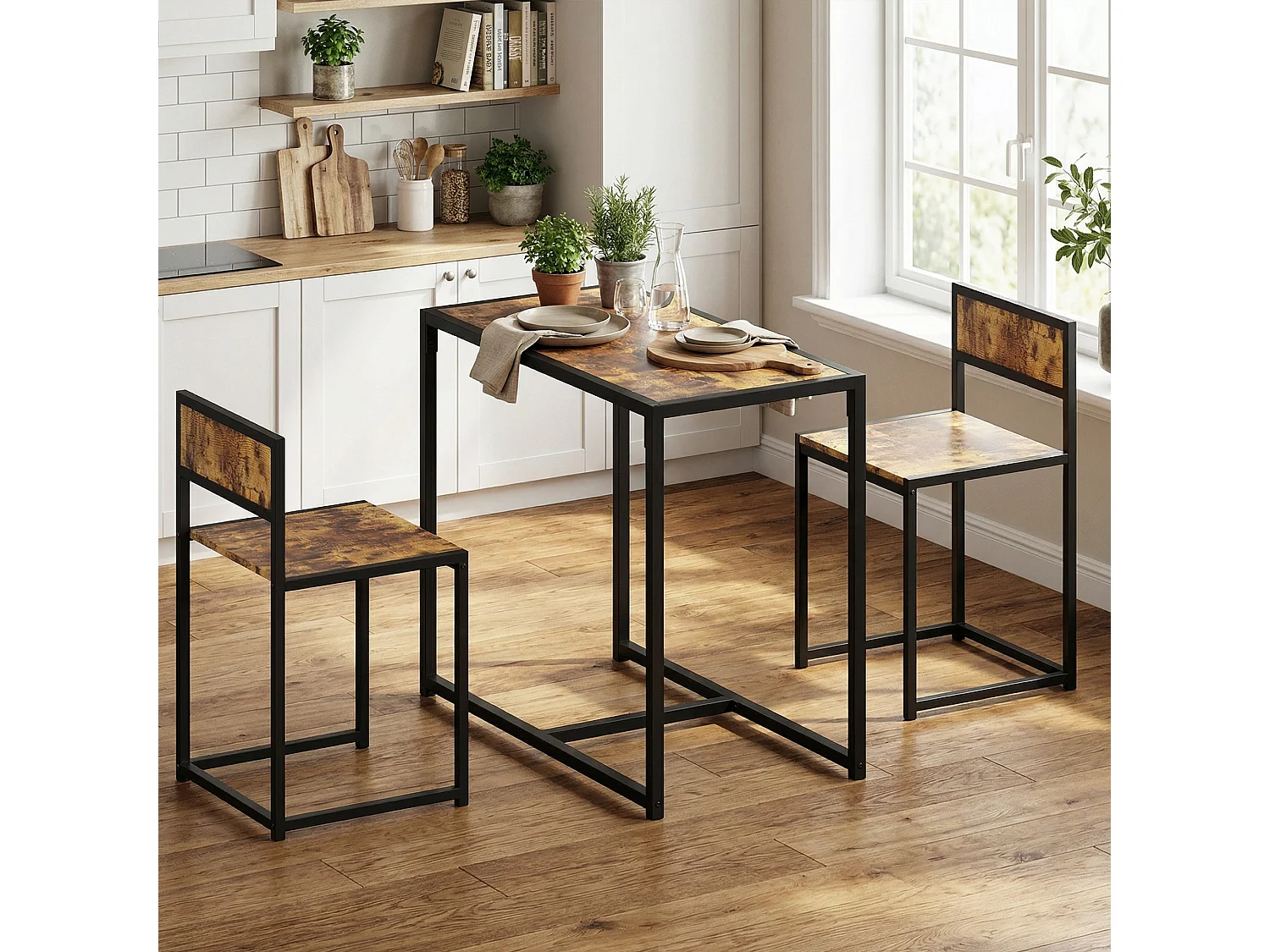 Doel 3 Piece Rustic Brown Wood Effect Table and Stool Set