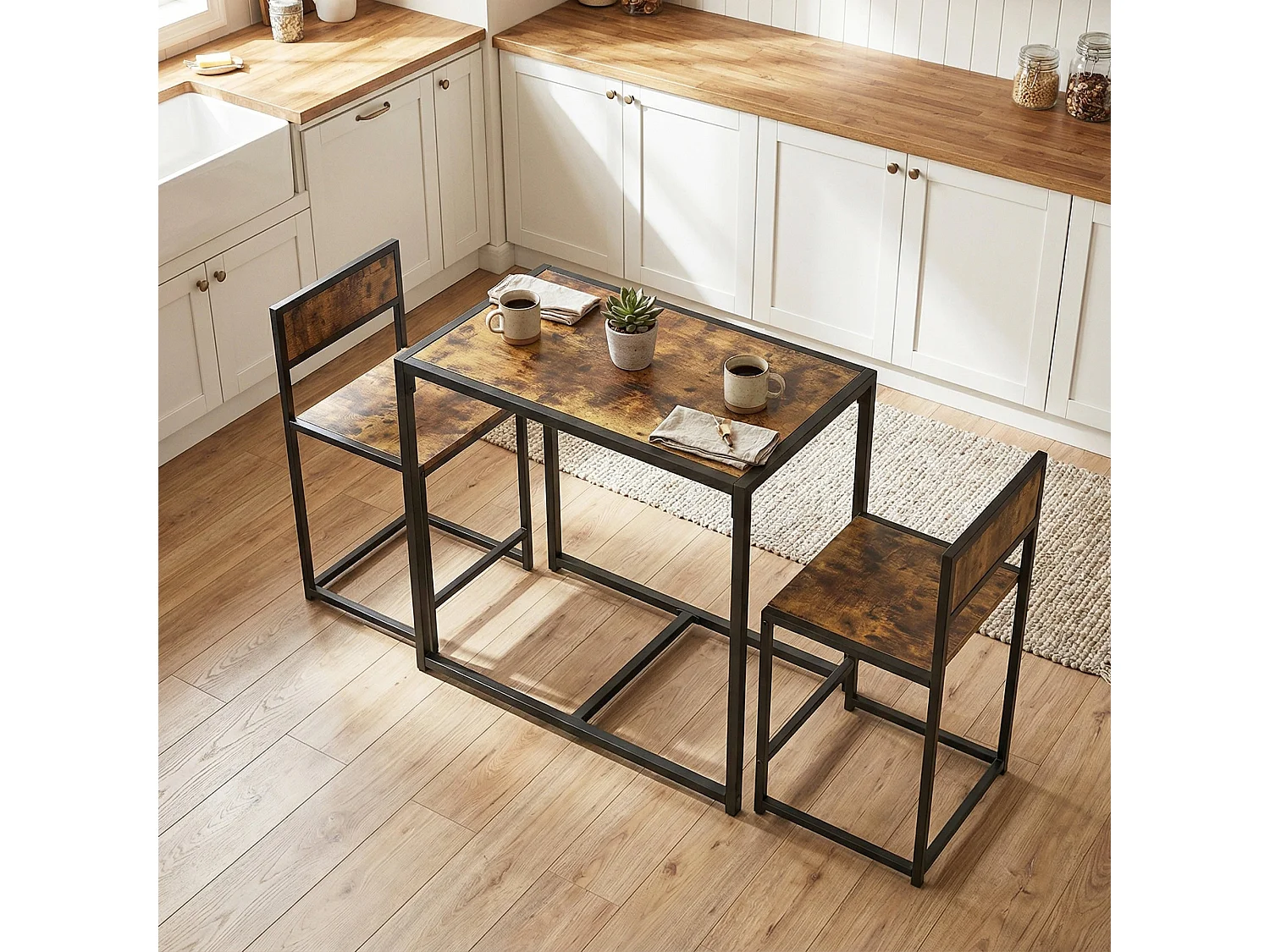 Doel 3 Piece Rustic Brown Wood Effect Table and Stool Set