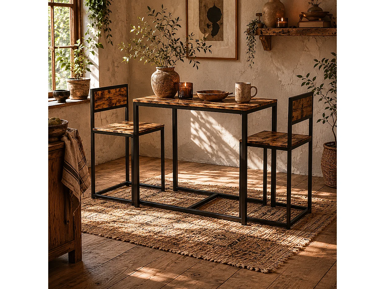 Doel 3 Piece Rustic Brown Wood Effect Table and Stool Set
