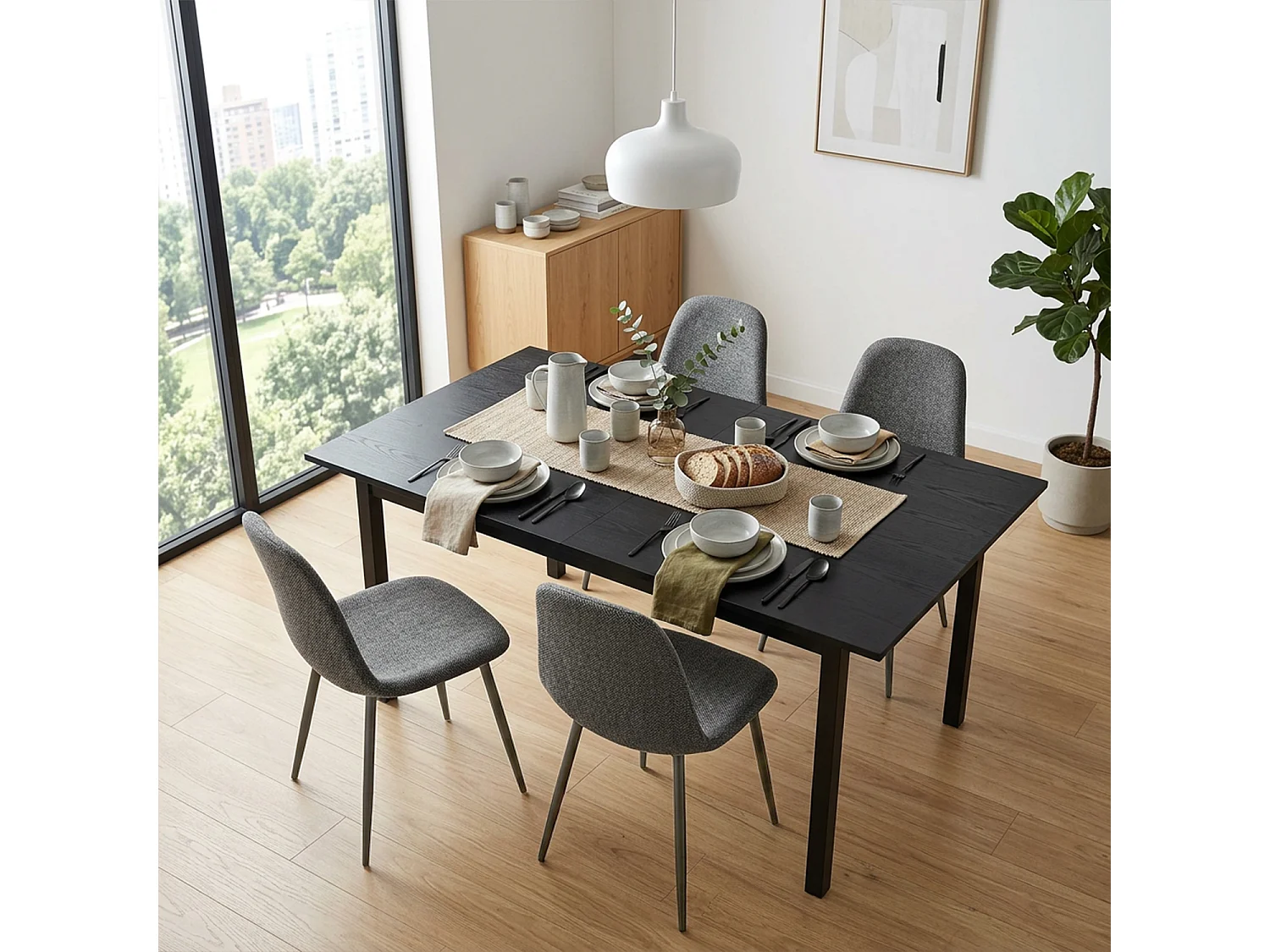 WHALENCHARLTON - Table à manger extensible 120-160 cm à rallonge papillon avec plateau noir et 4 chaises en tissu brique
