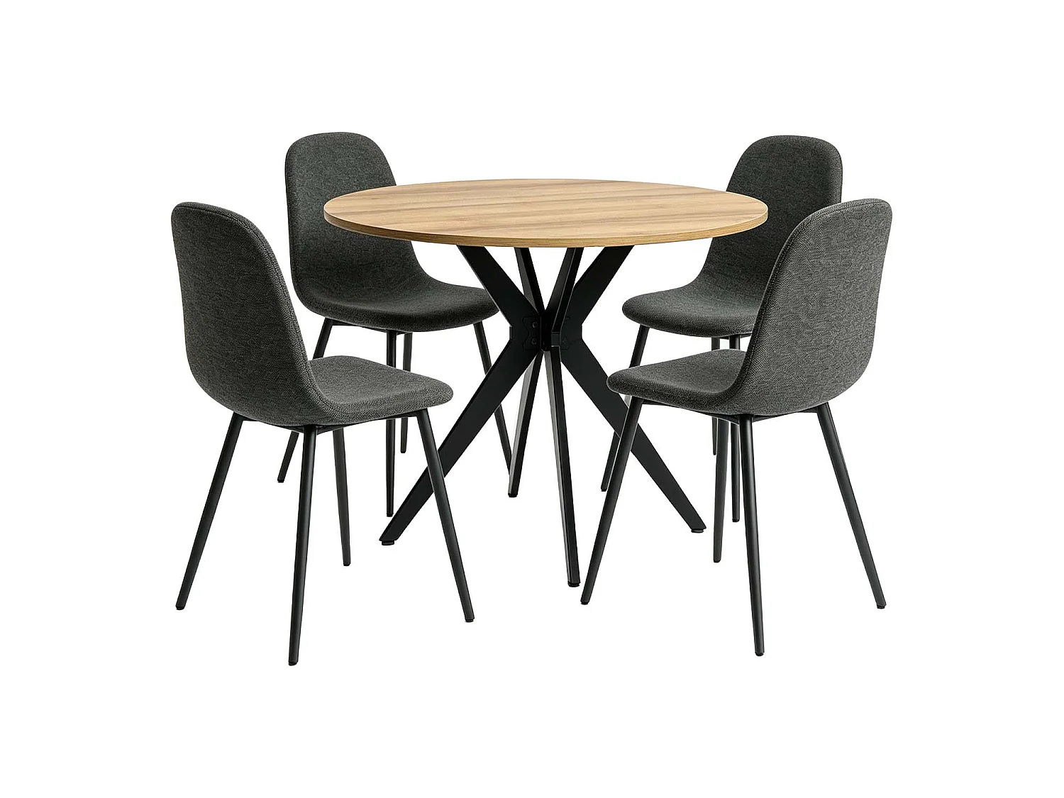 CLIFTXCHARLTON - Table à manger ronde de 100 cm en imitation chêne et pieds métal noirs avec 4 chaises en tissu gris foncé