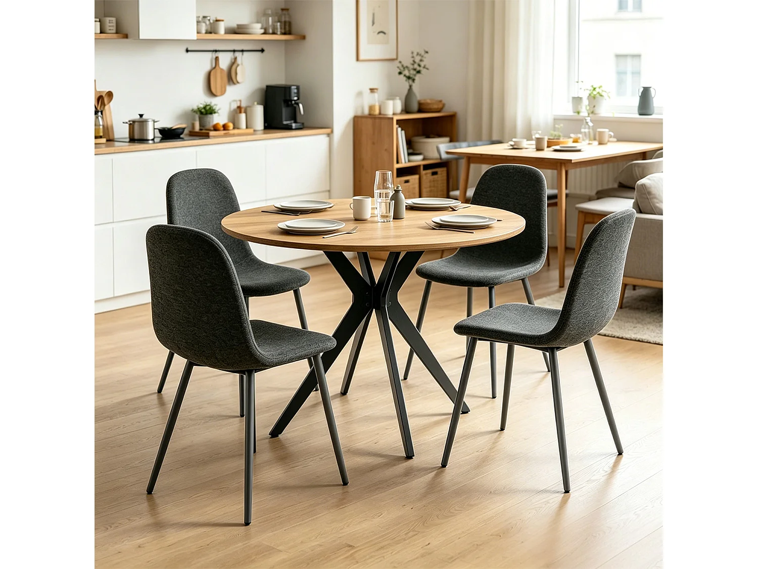 CLIFTXCHARLTON - Table à manger ronde de 100 cm en imitation chêne et pieds métal noirs avec 4 chaises en tissu gris foncé