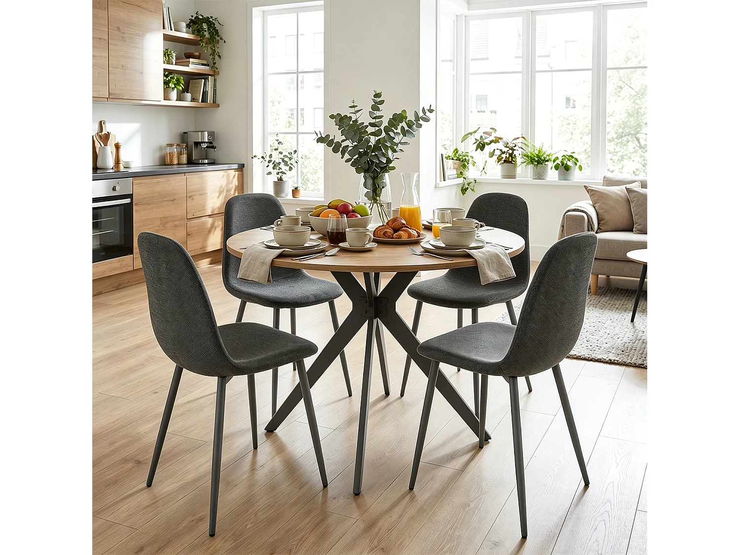 CLIFTXCHARLTON - Table à manger ronde de 100 cm en imitation chêne et pieds métal noirs avec 4 chaises en tissu gris foncé
