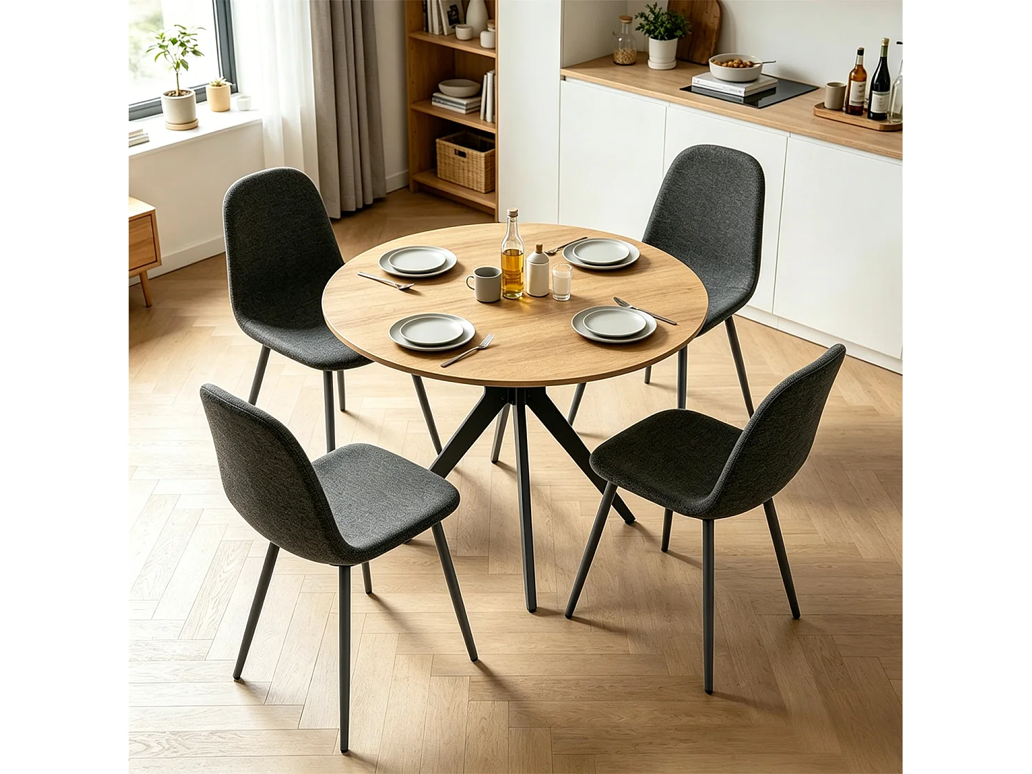CLIFTXCHARLTON - Table à manger ronde de 100 cm en imitation chêne et pieds métal noirs avec 4 chaises en tissu gris foncé