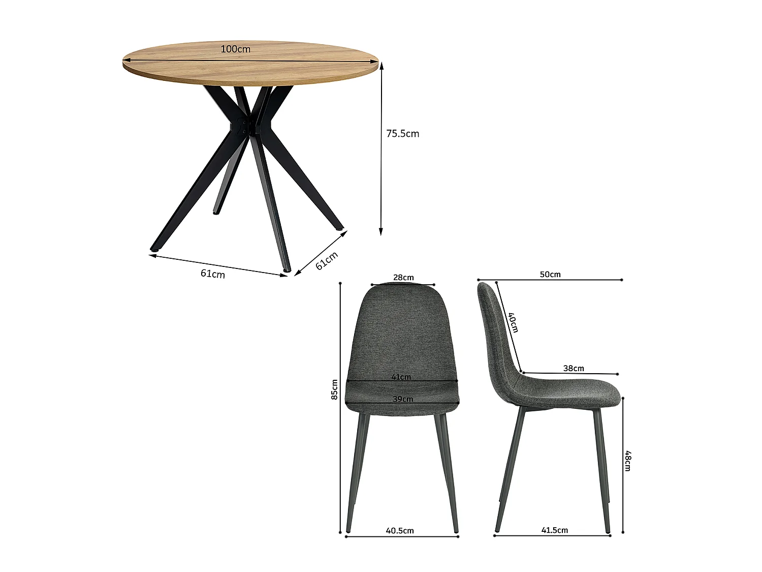 CLIFTXCHARLTON - Table à manger ronde de 100 cm en imitation chêne et pieds métal noirs avec 4 chaises en tissu gris foncé