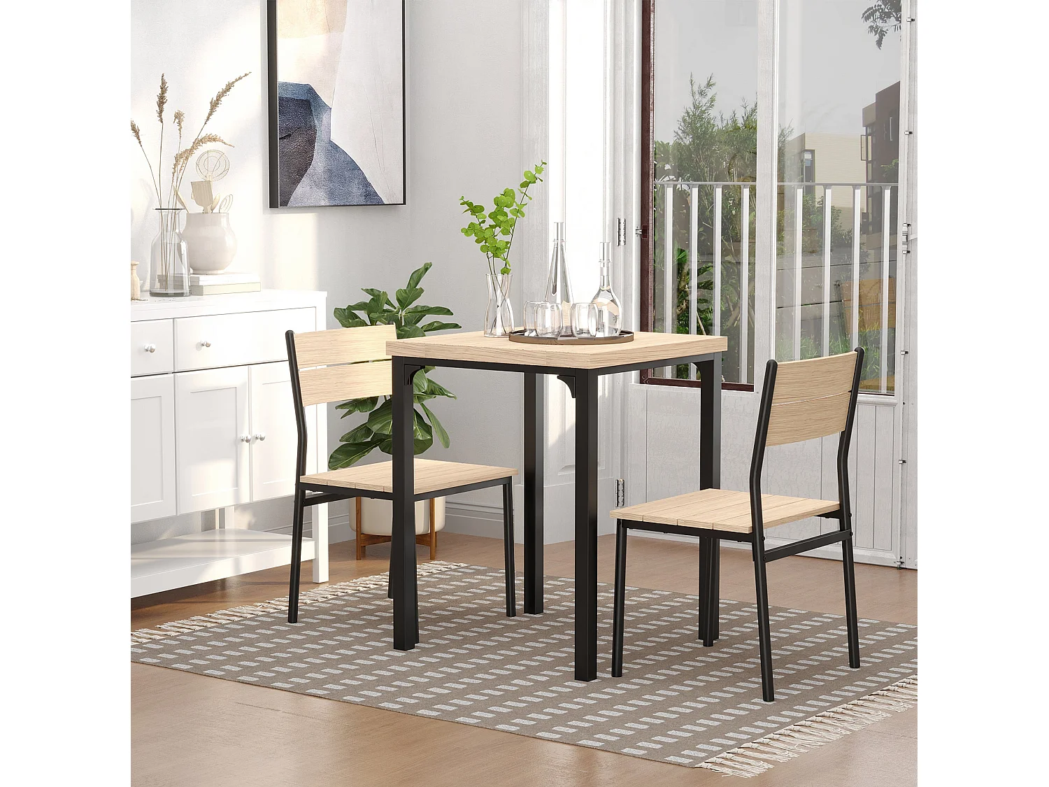 Lalara 3 Piece Compact Dining Set Light Wood Grain Table with 2 Black Frame Chairs