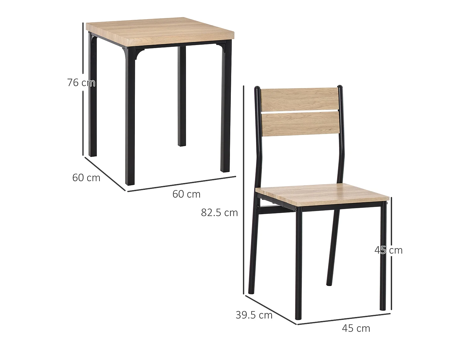 Lalara 3 Piece Compact Dining Set Light Wood Grain Table with 2 Black Frame Chairs