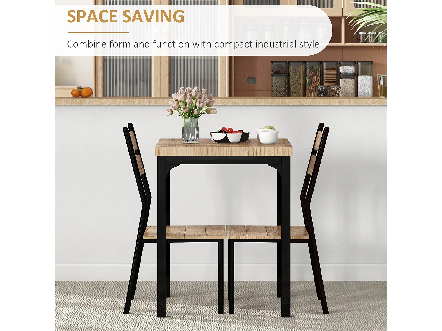 Lalara 3 Piece Compact Dining Set Light Wood Grain Table with 2 Black Frame Chairs