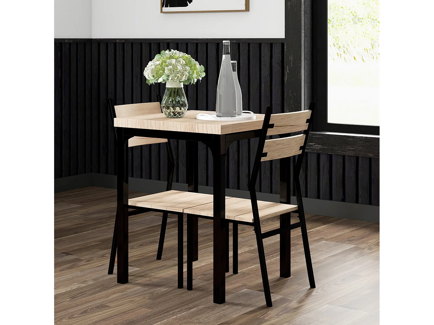 Lalara 3 Piece Compact Dining Set Light Wood Grain Table with 2 Black Frame Chairs