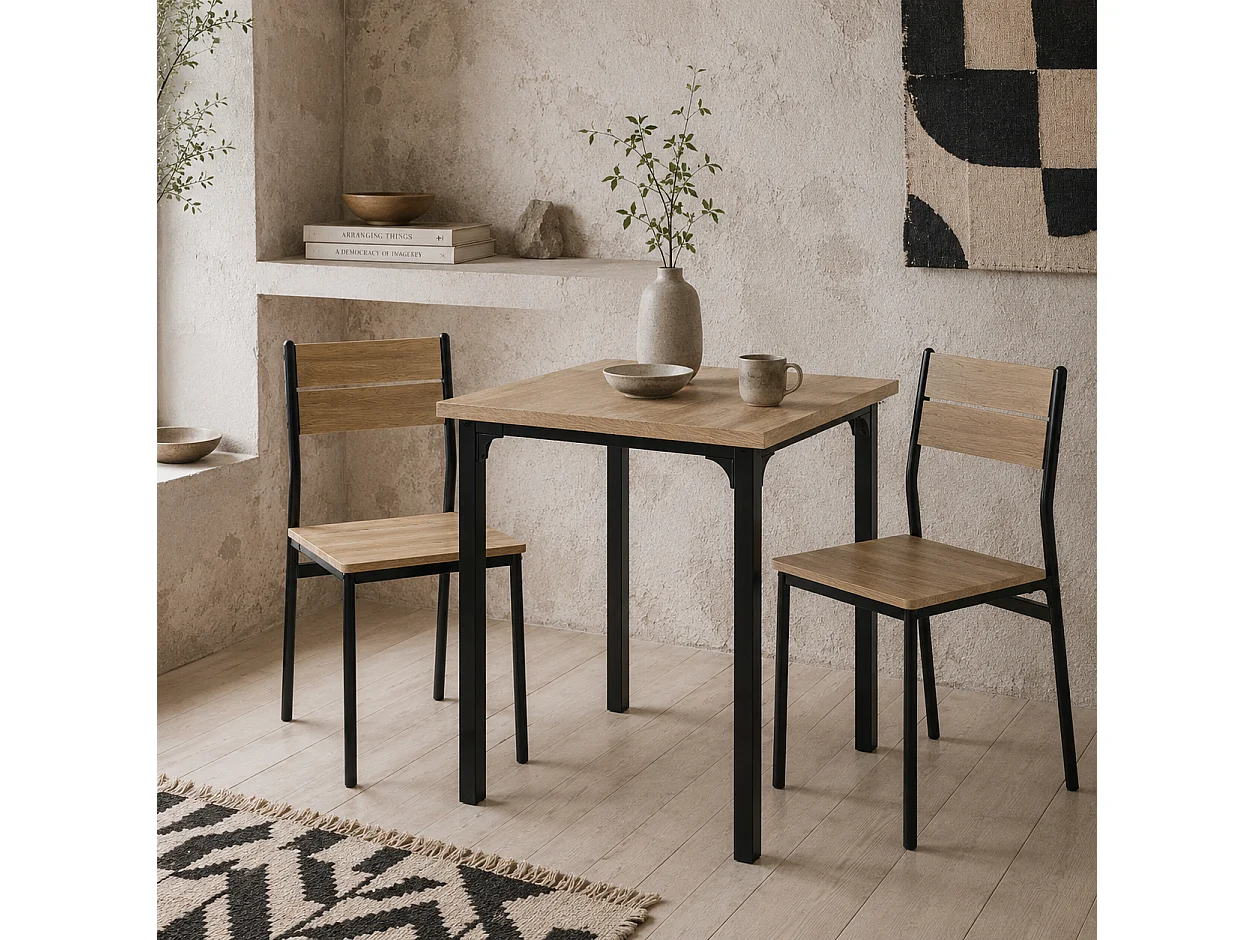 Lalara 3 Piece Compact Dining Set Light Wood Grain Table with 2 Black Frame Chairs