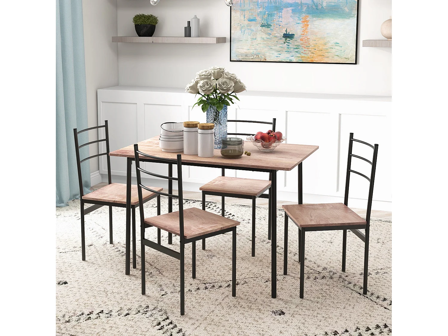 Kaloro 5 Piece Space Saving Dining Set Black Steel Frame Wood Effect Tops