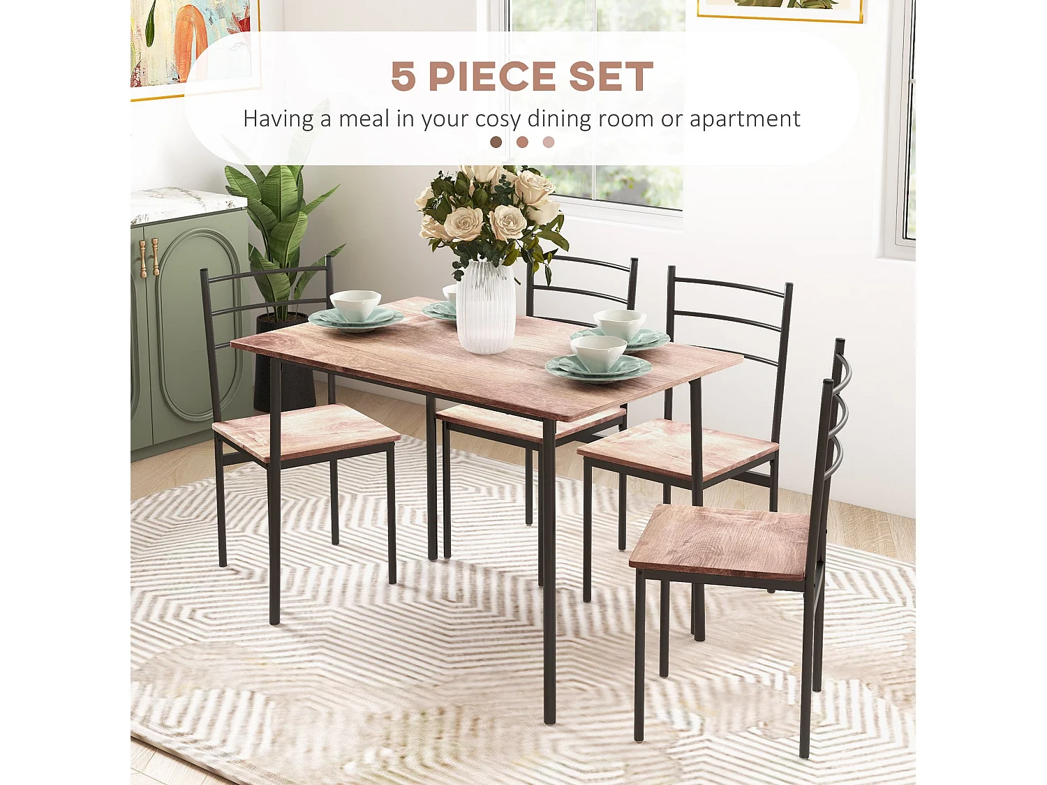 Kaloro 5 Piece Space Saving Dining Set Black Steel Frame Wood Effect Tops