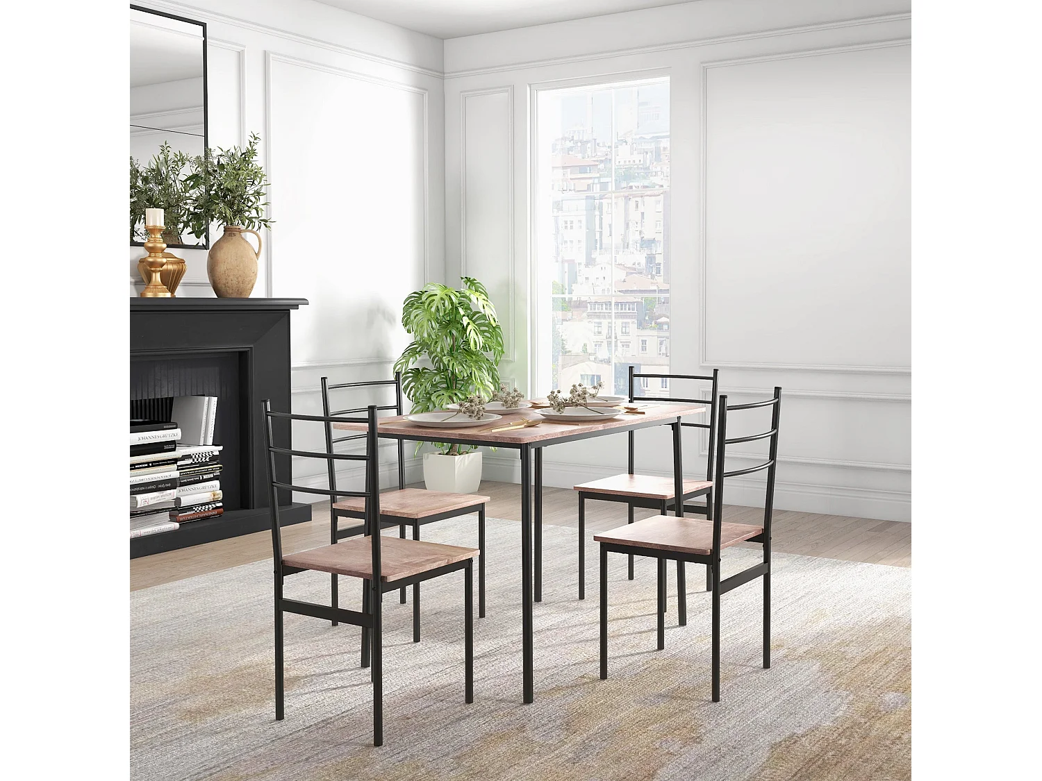 Kaloro 5 Piece Space Saving Dining Set Black Steel Frame Wood Effect Tops