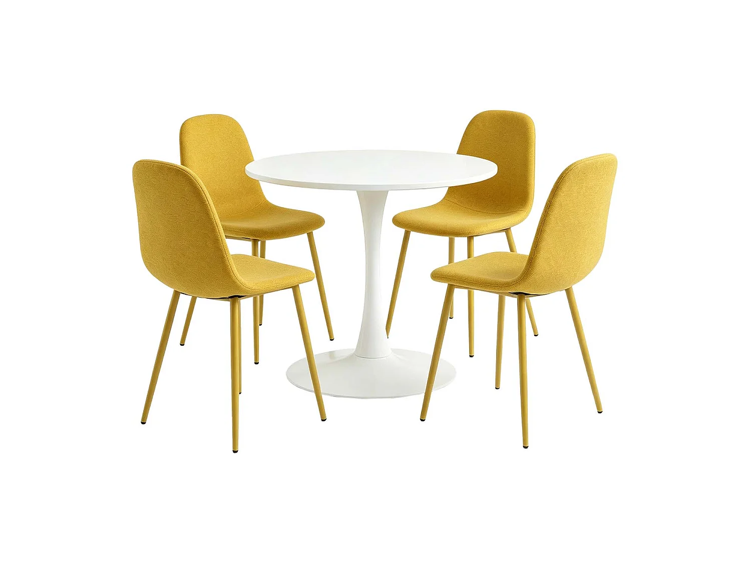 CLIFTOCHARLTON - Table à manger ronde de 80 cm laquée blanc avec pieds en métal blanc et 4 chaises en tissu jaune