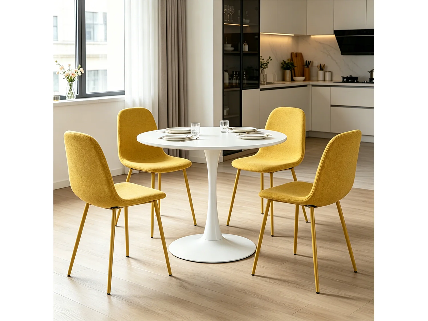 CLIFTOCHARLTON - Table à manger ronde de 80 cm laquée blanc avec pieds en métal blanc et 4 chaises en tissu jaune