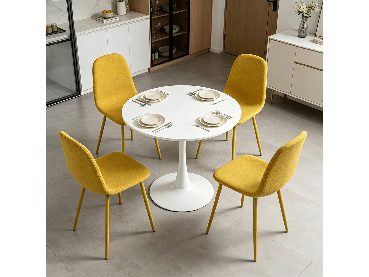 CLIFTOCHARLTON - Table à manger ronde de 80 cm laquée blanc avec pieds en métal blanc et 4 chaises en tissu jaune