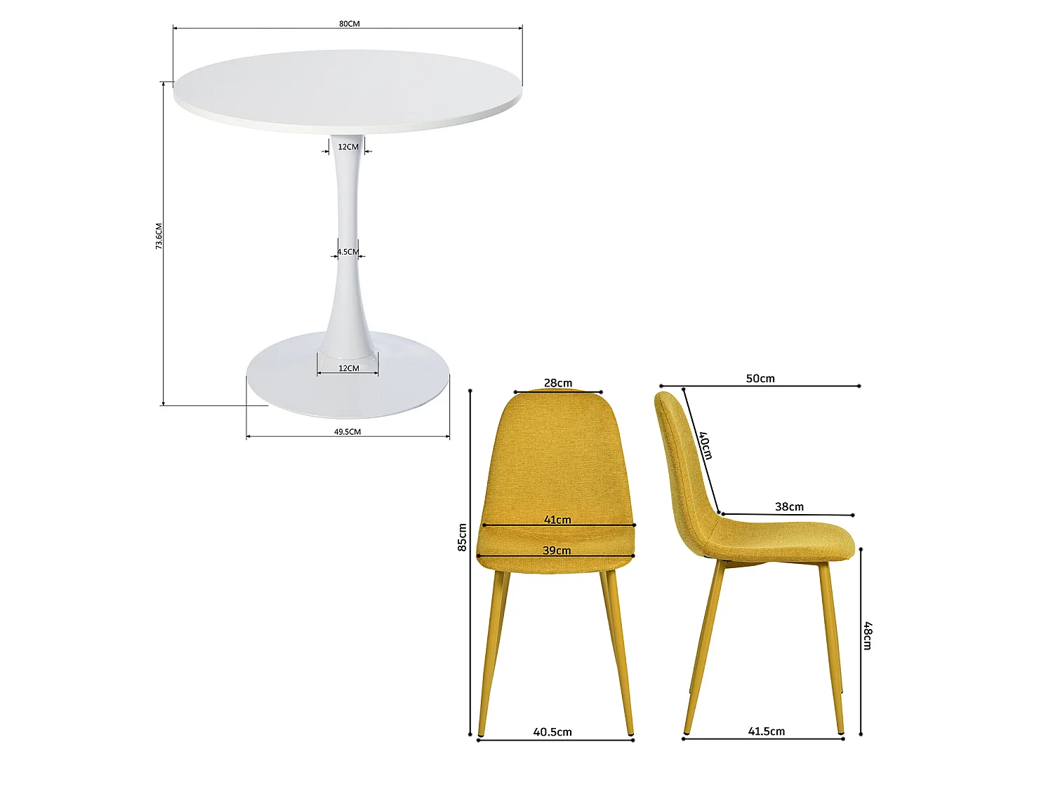 CLIFTOCHARLTON - Table à manger ronde de 80 cm laquée blanc avec pieds en métal blanc et 4 chaises en tissu jaune